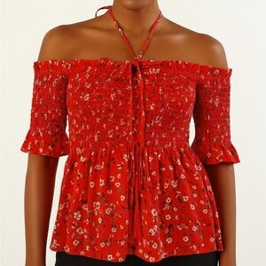 TOBI Red Floral Smocked Tassel Across the Shoulder Blouse, Size Medium